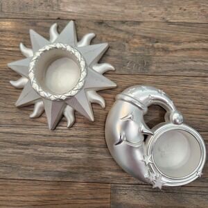 Celestial Moon Sun Tealight Candle Holder Home Decor White Gold Silver Tone 4in